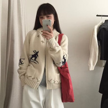 韩代款复古风滑雪提花翻领毛衣外套女秋冬新款加厚拉链针织开衫潮
