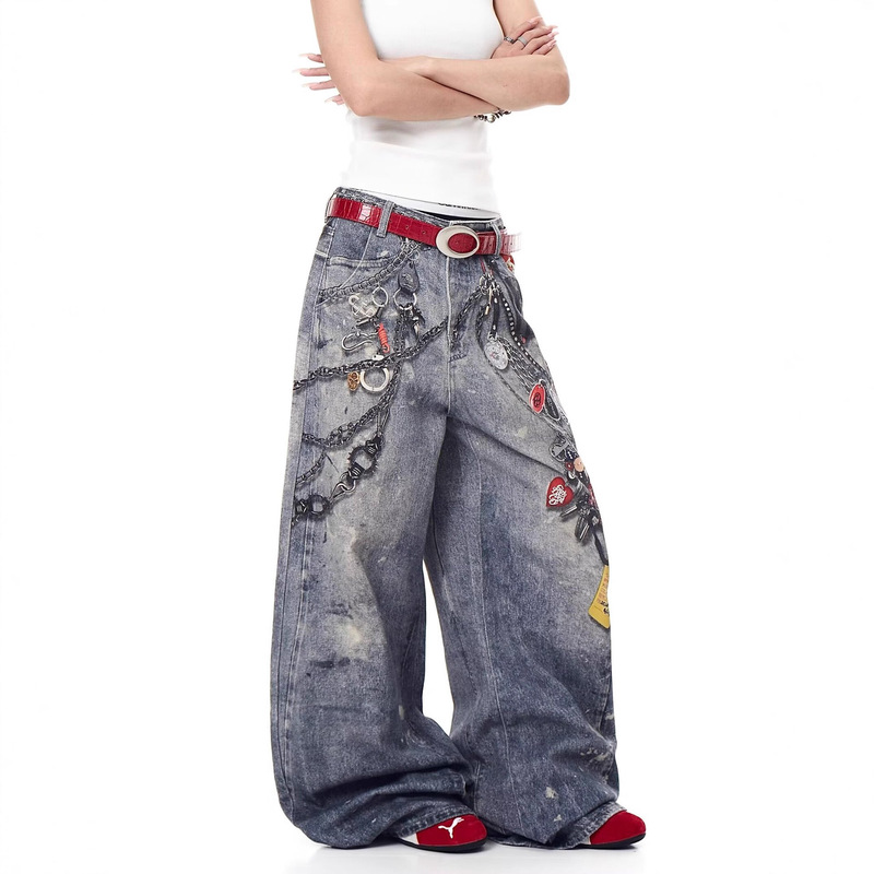 American High Street 3D Chain Print Jeans for Women, Loose Wide-Leg Straight Y2K Trendy Scimitar Pants American High Street 3D Chain Print Jeans for Women, Loose Wide-Leg Straight Y2K Trendy Scimitar Pants