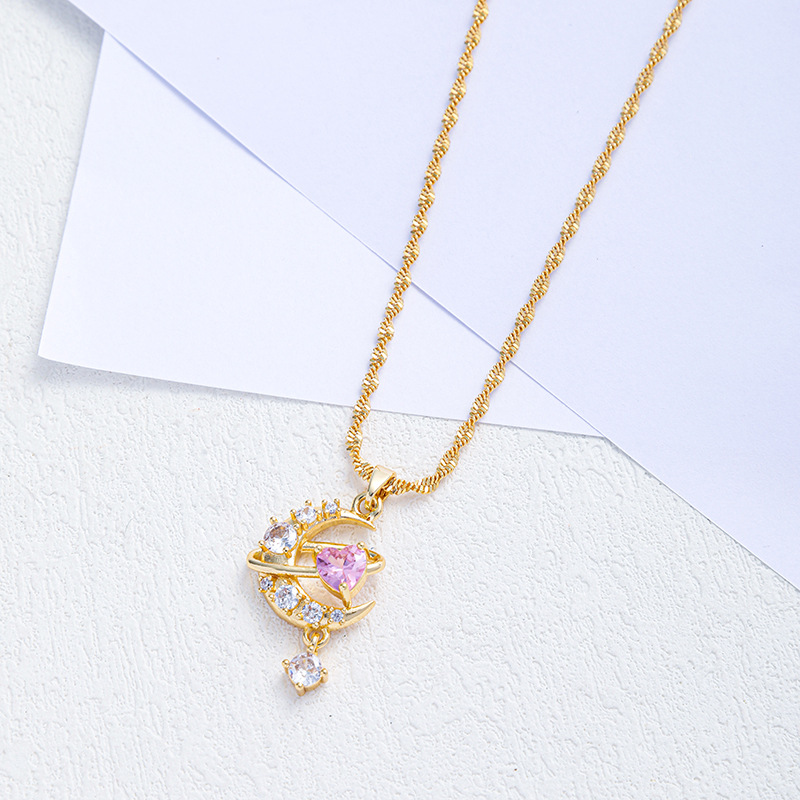 8g Weight Wholesale Jewelry Elegant Classic Style Moon Heart Shape Titanium Steel Zircon Pendant Necklace