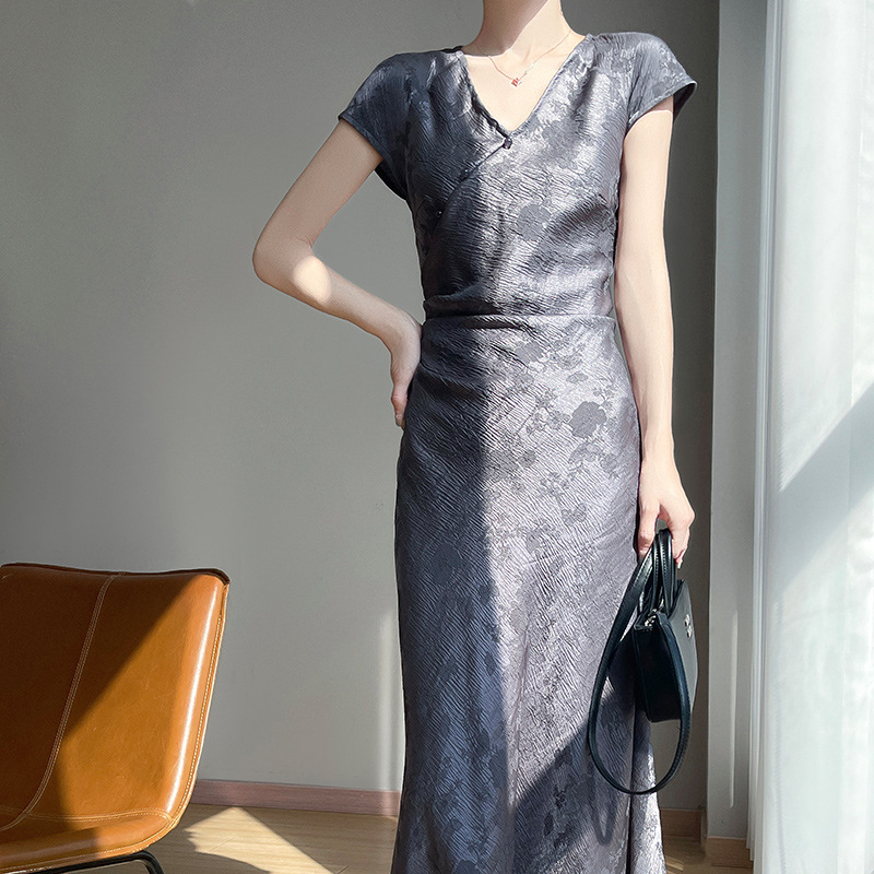 New Chinese-style Women's Clothing, National-style Satin Cheongsam V-neck Dress, Summer 2025 New Model, Slimming And_ecoleips.com