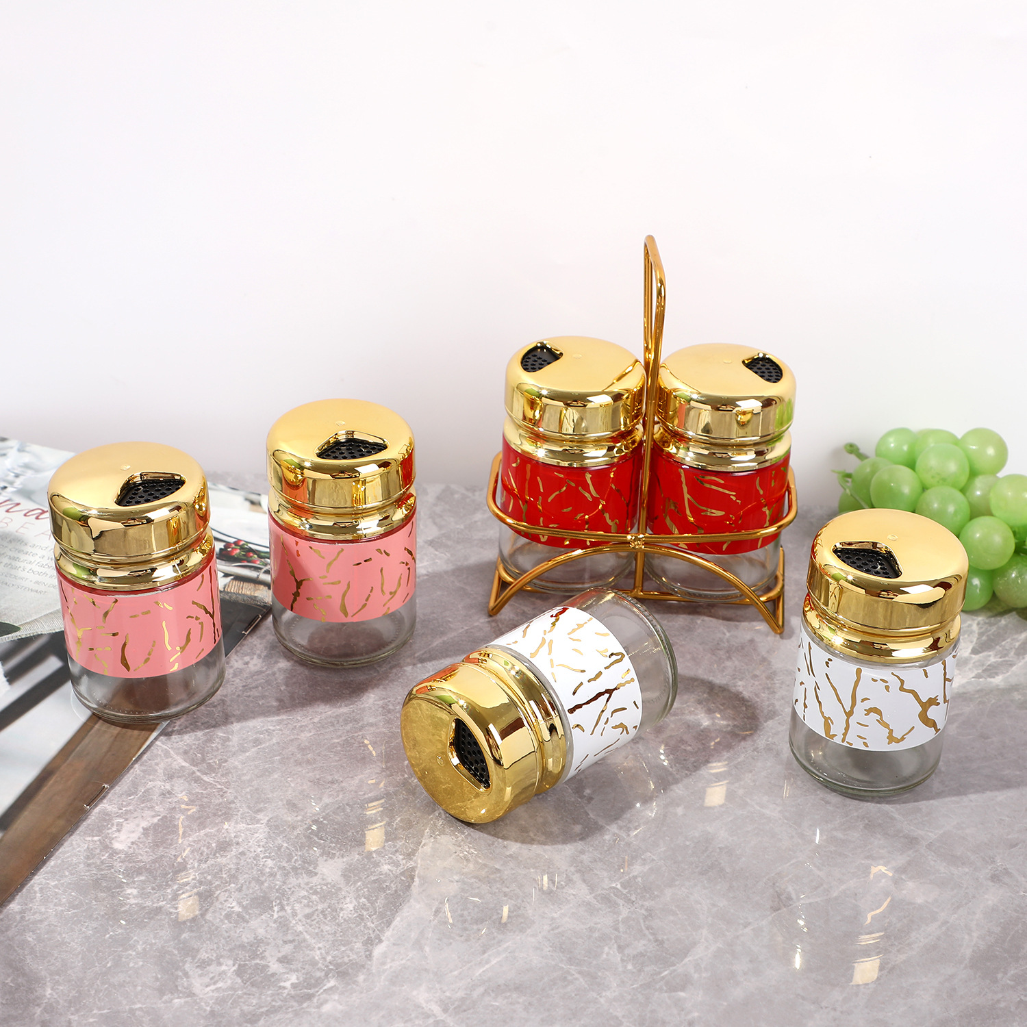 Caja de condimentos de lujo ligero, jarro de condimentos doméstico, jarro de sal roja, jarro de azúcar, jarro de condimentos de cocina, conjunto de condimentos de vidrio