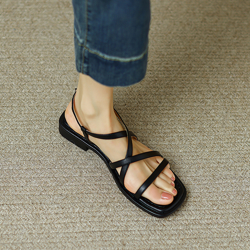 Sandal La Mã dệt cổ điển nữ quai ngang đế bệt — Màu nâu