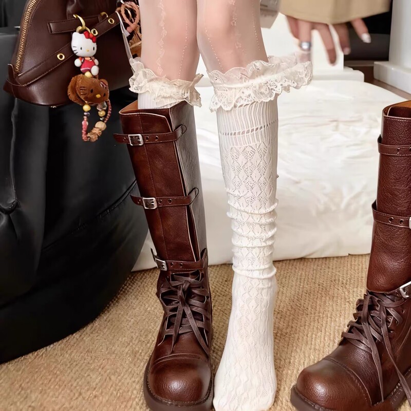 Boots Socks Women Black over the Knee Socks Spring Autumn Thin Lace Trim Retro Hollow Out Sexy Stockings