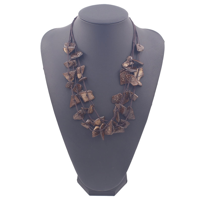 波西米亚民族风复古彩色碎片手工串珠项链中长款女士椰壳编制项链