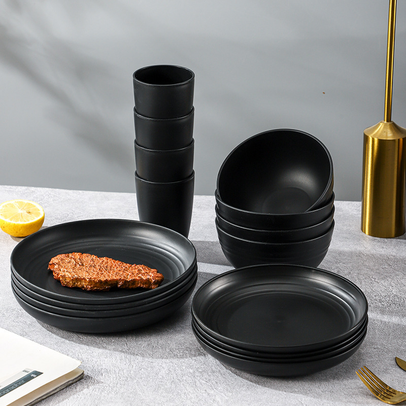 Cross-Border Amazon Plastic Pp Bowl Cup Plate Pure Black Tableware Set Plastic Dinner Plate Water Cup Set Gift Wholesale Cross-Border Amazon Plastic Pp Bowl Cup Plate Pure Black Tableware Set Plastic Dinner Plate Water Cup Set Gift Wholesale