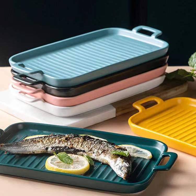 北欧风创意双耳烤盘陶瓷微波炉烤箱盘子家用菜盘烘焙披萨盘早餐