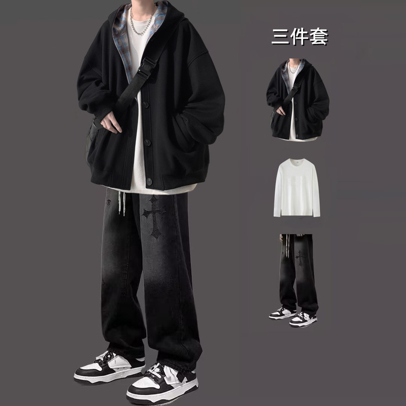 Spring and Autumn Hooded Cardigan Sweatshirt Jacket Men's Suit Handsome Jacket with High Street Jeans Trendy Two-Piece Set