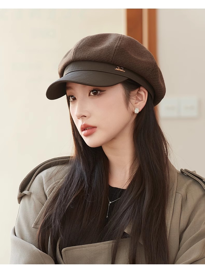 Cappello unisex alla moda in pelle con patchwork ottagonale da donna autunno-inverno vintage nero grande testa rotonda mostra viso piccolo cappello_voghion.com