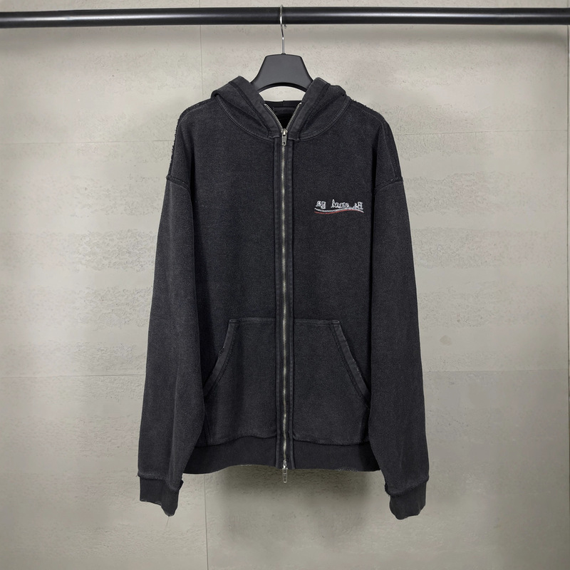 Correct Version Paris B Brand 25S Autumn and Winter New Cola Wave Embroidery Washed Distressed Hooded Sweatshirt