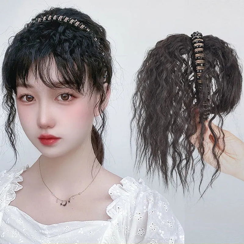 Wig Women's Bangs Rhinestone Hairband Corn Whiskers Integrated Cover White Hair Real Human Hair Beaded Hairband Refill Block