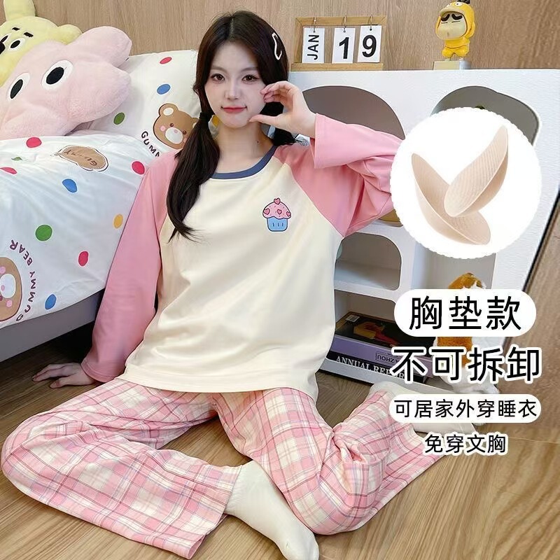 Autumn Pajamas with Breast Pads for Women 2025 New Long-Sleeved Cartoon Thin Home Clothes Set Autumn and Winter Styles Can Be Worn Outside