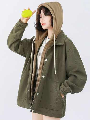 Japanese trendy brand couple's corduroy hooded jacket for autumn and winter, lined and thickened, unisex, Hong Kong style, pseudo-two-piece sweatshirt jacket