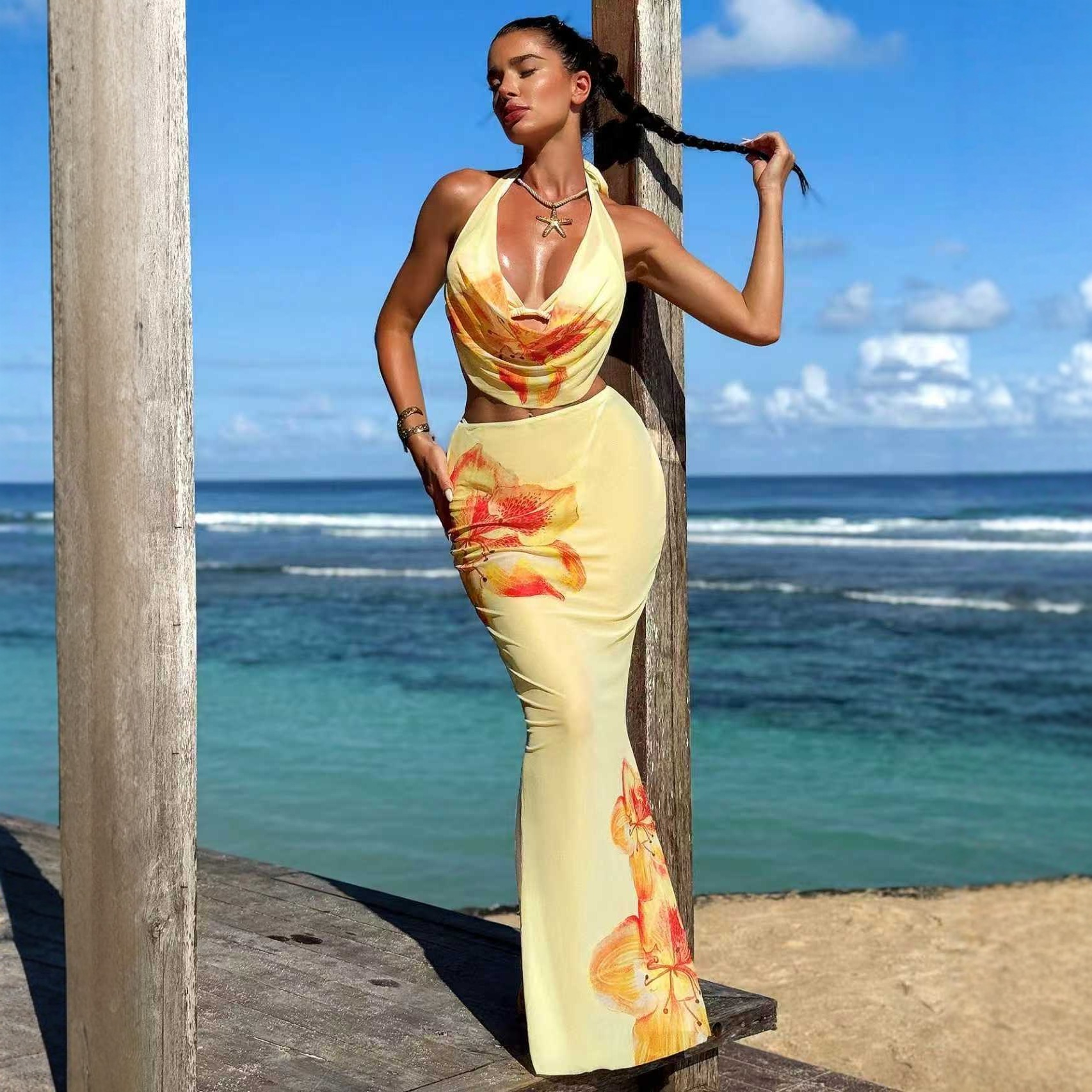 2026欧美外贸定版印花三角杯性感速干罩衫长裙比基尼三件套泳衣女