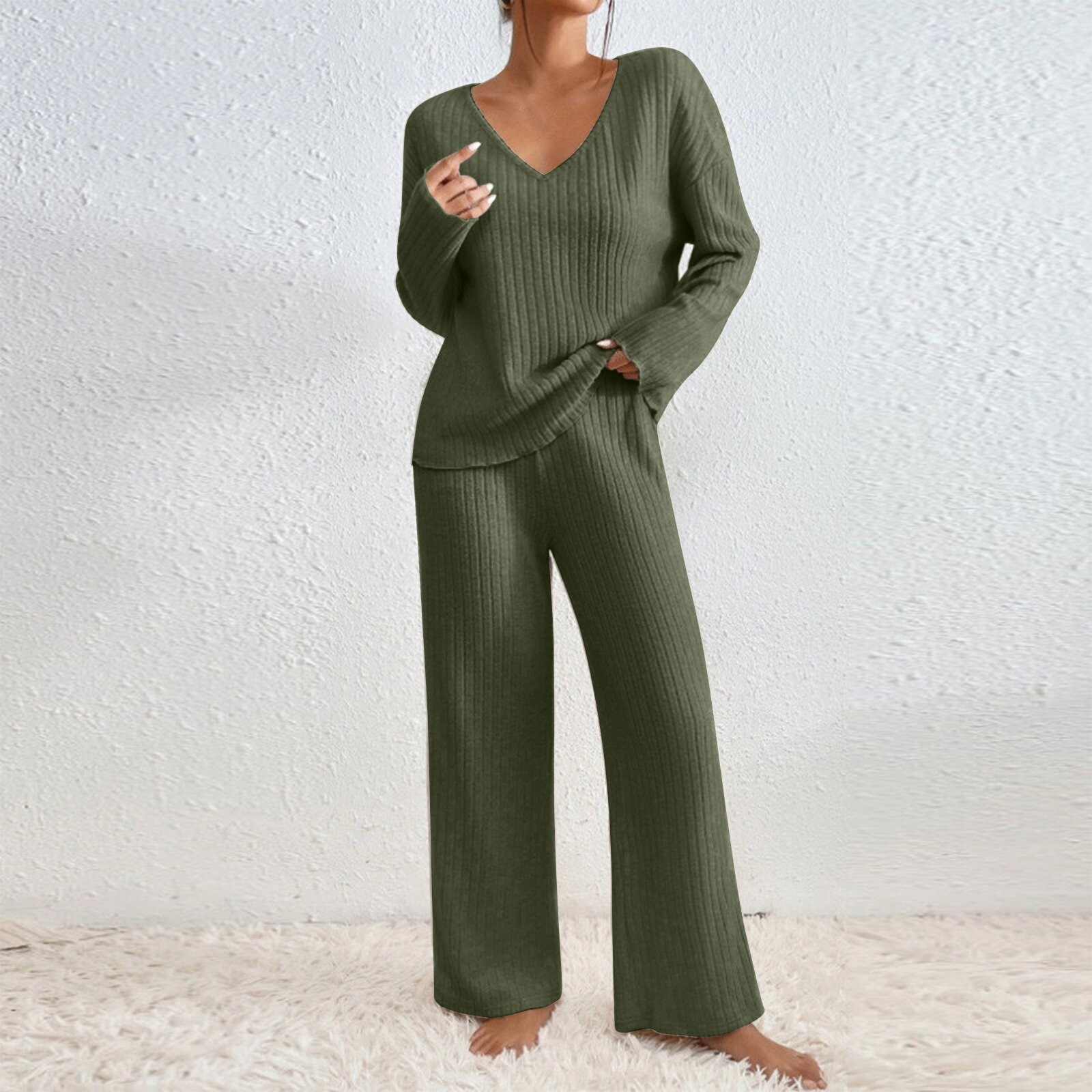Women's Long Sleeve V-Neck Casual Lounge Set - Soft Brushed Striped Jogger Pants & Top (S-XXL, Autumn/Winter Collection)_voghion.com