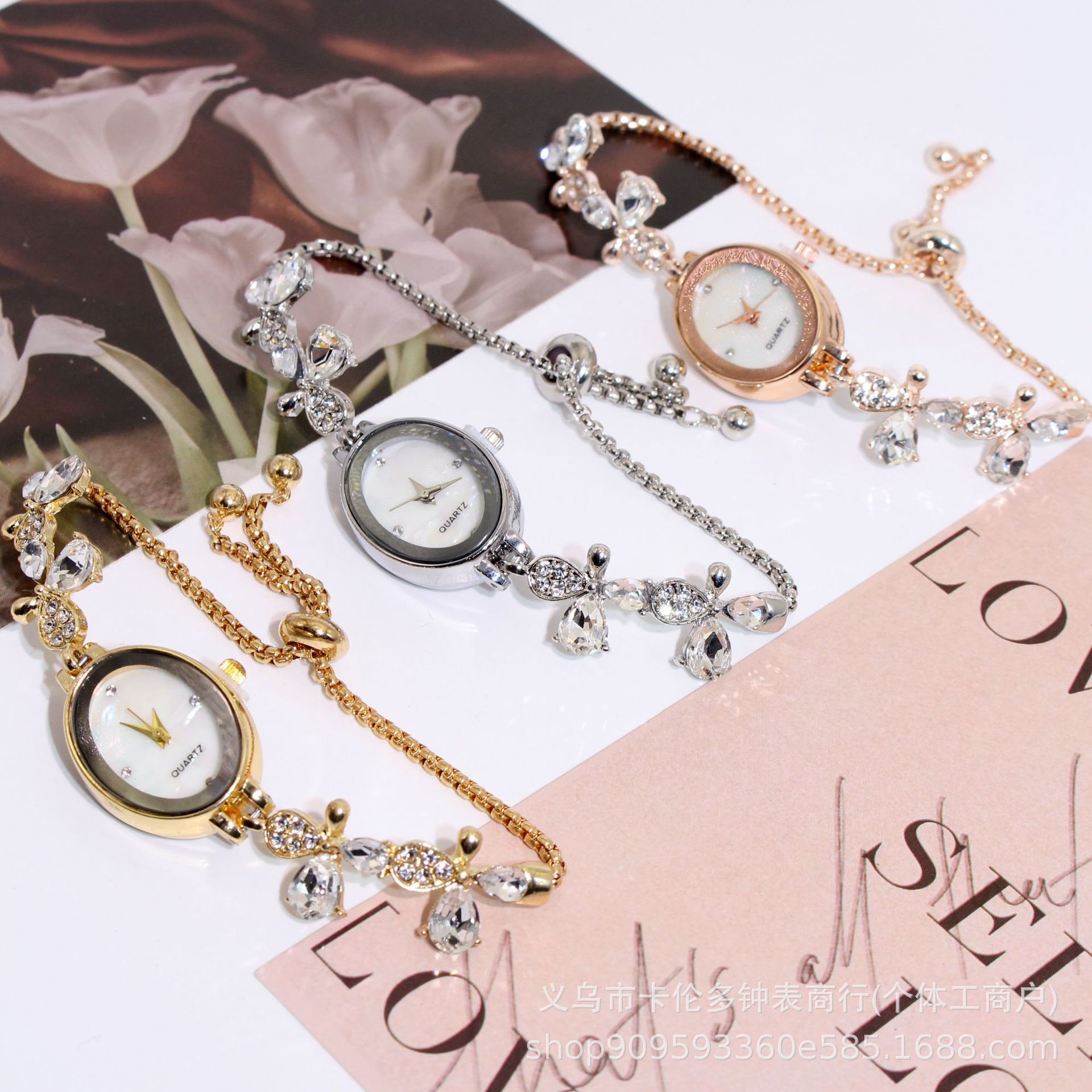 Fashionable Thin Strap Butterfly Diamond Oval Women's Watch Cross-Border Popular Style Lazy Pull Bracelet Watch