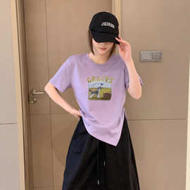YING+十三行油画小狗字母侧边倒三角抽绳显瘦百搭短袖T恤M79-7761