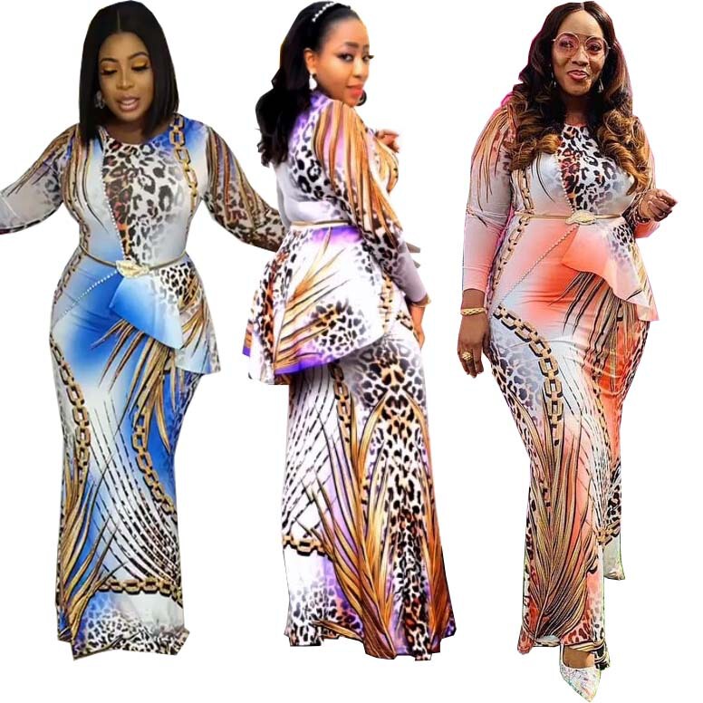 Cross-Border Supply New Colorful Leopard Print Round Neck Long Sleeve Printed Dress Long Skirt Clearance Cross-Border Supply New Colorful Leopard Print Round Neck Long Sleeve Printed Dress Long Skirt Clearance