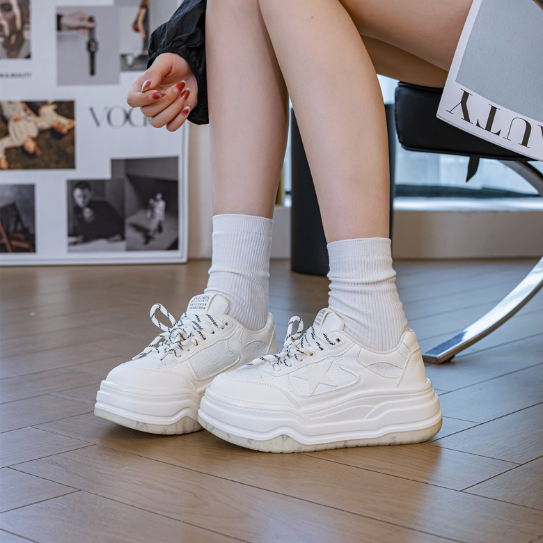 真皮松糕厚底6cm小白鞋女2025秋冬款星星百搭运动休闲板鞋单鞋子|undefined