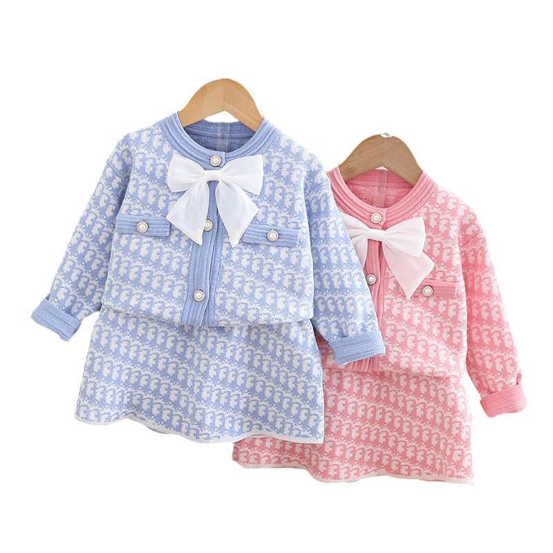 Children's Sweater Skirt Small Fragrant Wind Women's Autumn and Winter New Bow Two piece Set Long sleeved Cardigan_voghion.com