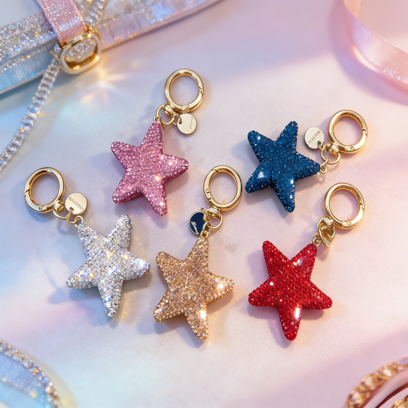 Full Diamond Five-Pointed Star Keychain, Fresh and Creative Design, Diamond-Encrusted Car Key Ring, Bag Pendant, Cute Small Gift