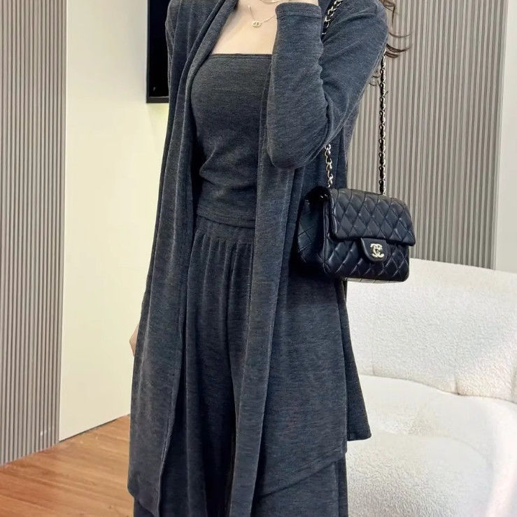 A Complete Set of Women's Clothing for Spring, Age-Reducing Cardigan, Tube Top, Wide-Leg Pants, Three-Piece Set, Lazy Style Casual Suit