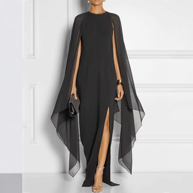 European and American Plus Size Amazon wish AliExpress eBay Solid Color Chiffon Cloak Sleeve Split Long Dress for Women