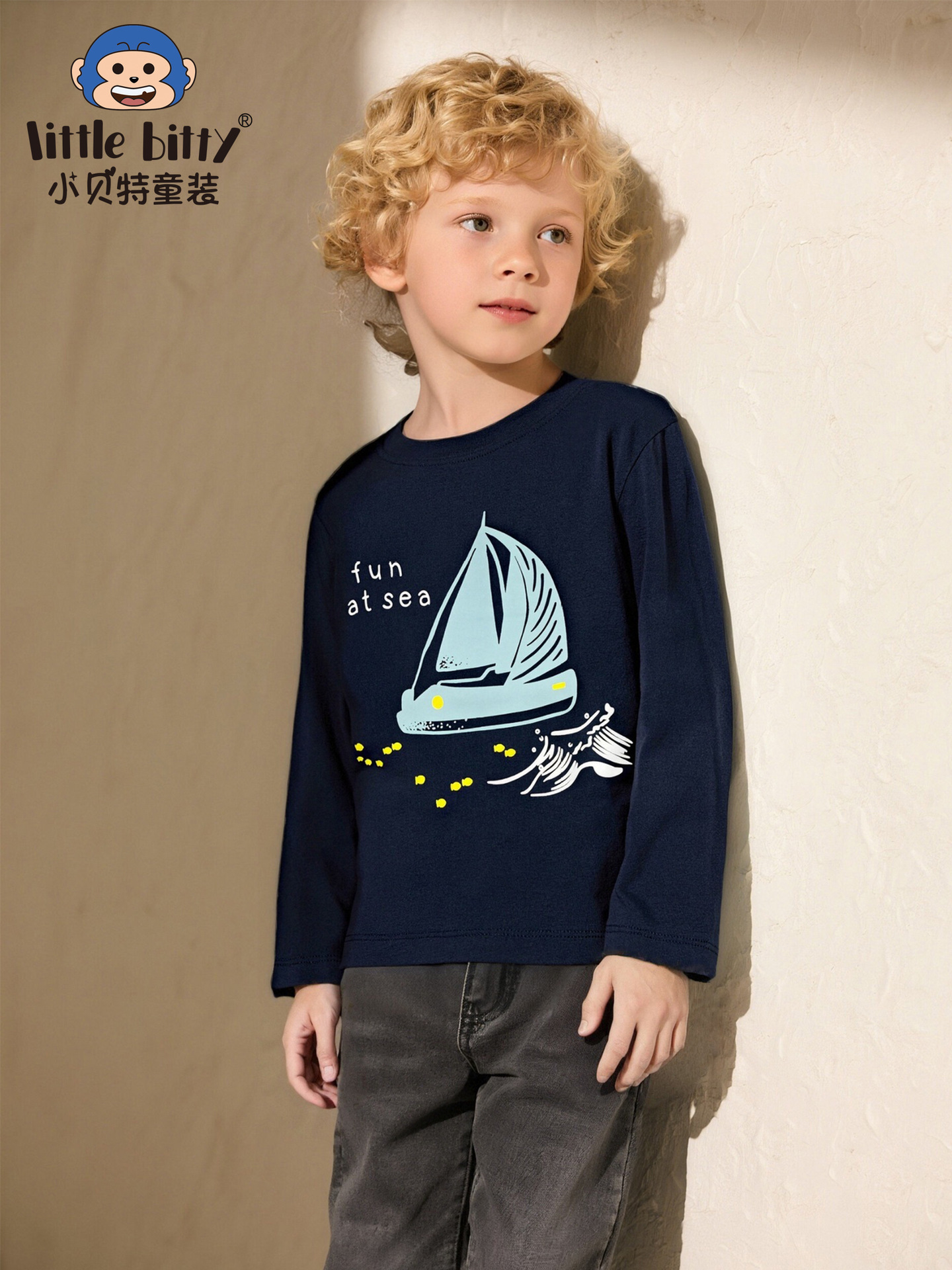 European and American New 2025 Autumn and Winter Kidsren's Long-Sleeved T-Shirt Boys' Cartoon Sailboat Print Round Neck Knitwear