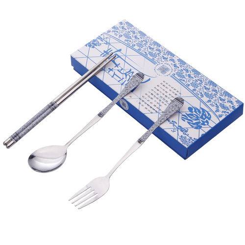 Stainless steel portable tableware set of spoon, chopsticks, and fork (trio) - Blue and white porcelain tableware - Student outdoor travel utensil gift