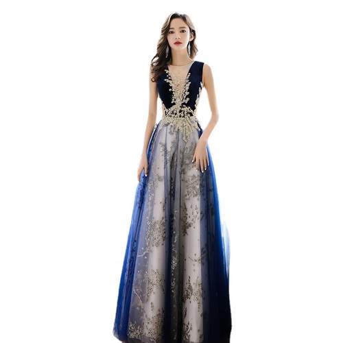 Blue sequins lace evening Party dress temperament women dignified and elegant atmosphere long host the annual meeting of the dress