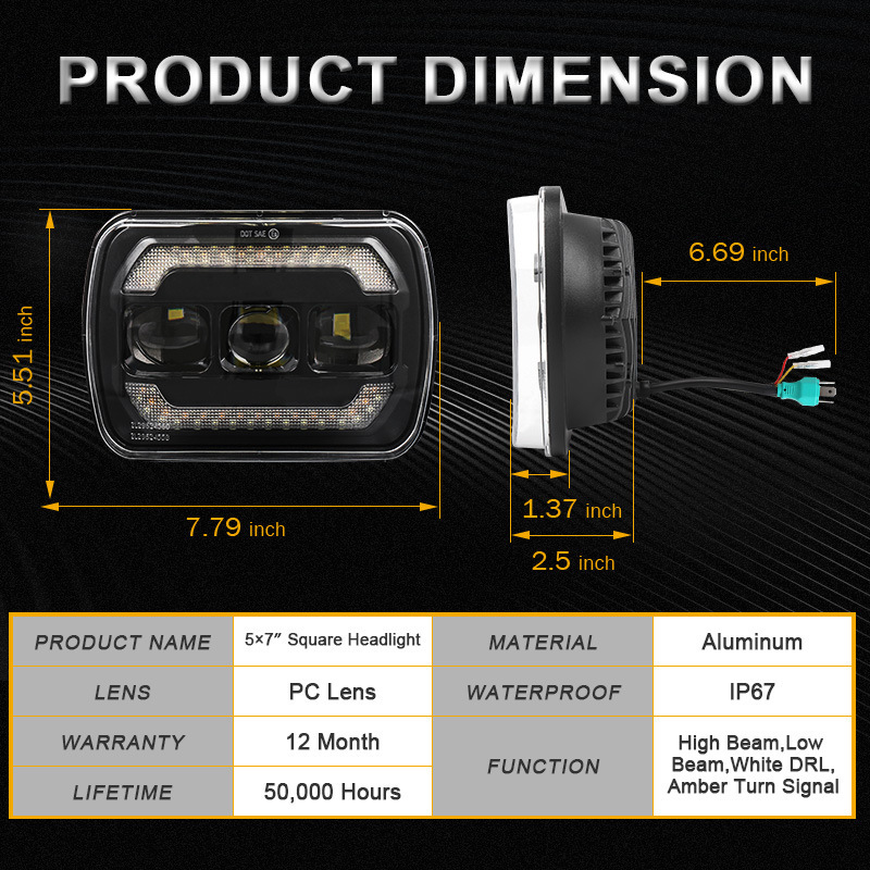 Cross-Border 5X 7inch Wrangler Rectangular Led Square Light with Turn Signal, High and Low Beam, Integrated Front Headlight and Drl