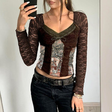 2024冬季新品小众轻熟低胸穿插系带提花透视抽象拼色印花蕾丝衫