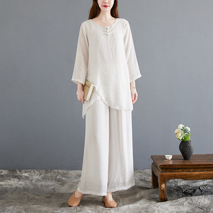 Dropshipping 2025 Spring New Retro Ethnic Style Cotton and Linen Zen Tea Clothes Zen Dance Clothes Long-Sleeved Yoga Clothes Set