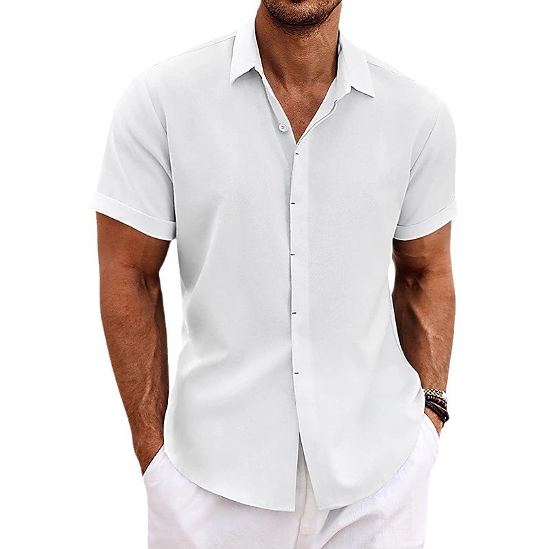 High-quality Men's Casual Shirt For Cross-border Trade, Double-breasted, Solid Color, Short-sleeved, Collared, Business_voghion.com