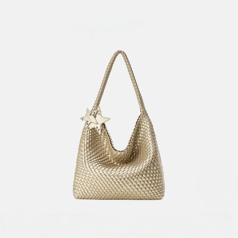 Zhang Yuanying's Same Style Original Design Color-Block Woven Tote Bag in Champagne Color, Large Capacity Commuter Handbag for Women Zhang Yuanying's Same Style Original Design Color-Block Woven Tote Bag in Champagne Color, Large Capacity Commuter Handbag for Women
