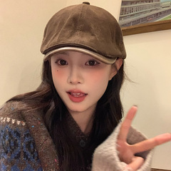 英伦复古灯芯绒前进帽子纯色百搭日系显脸小反戴报童鸭舌帽女