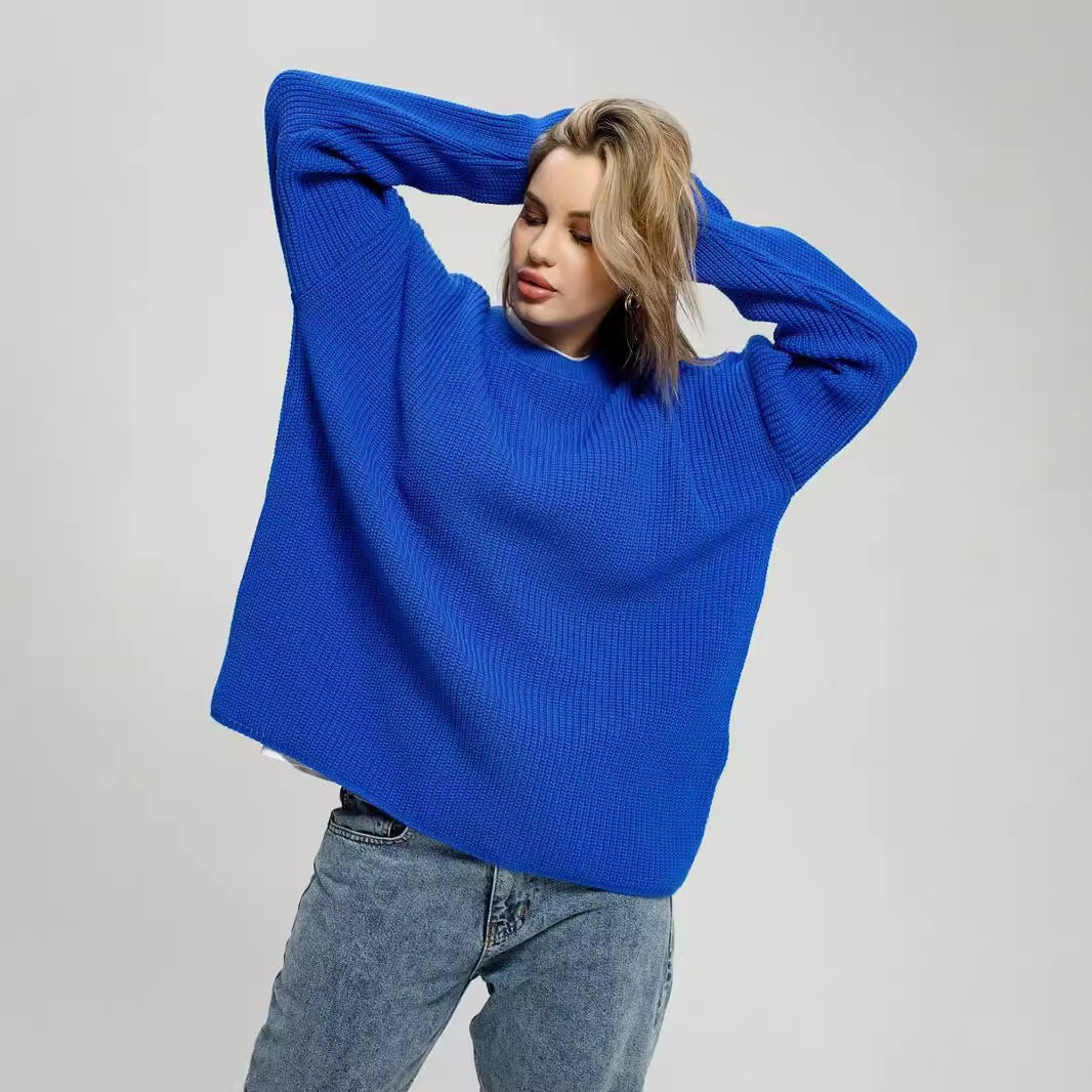 Suéter feminino de malha solta, gola redonda, cor sólida, primavera e outono 2024_voghion.com