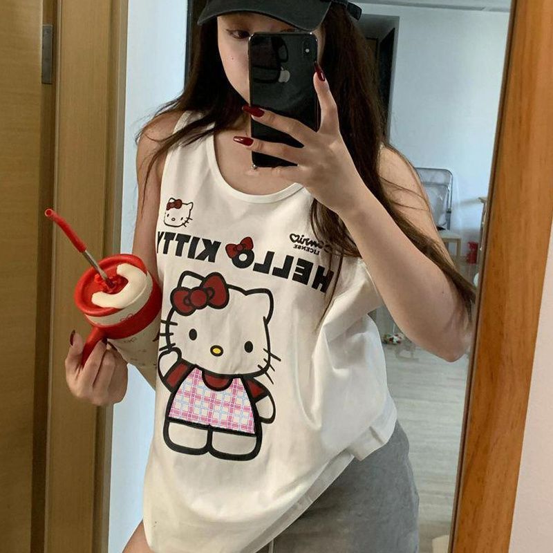 アメリカンレトロキティ猫プリントベスト Tシャツレディース夏の新しいルーズトレンディブランドホットガールノースリーブトップトレンディ|undefined