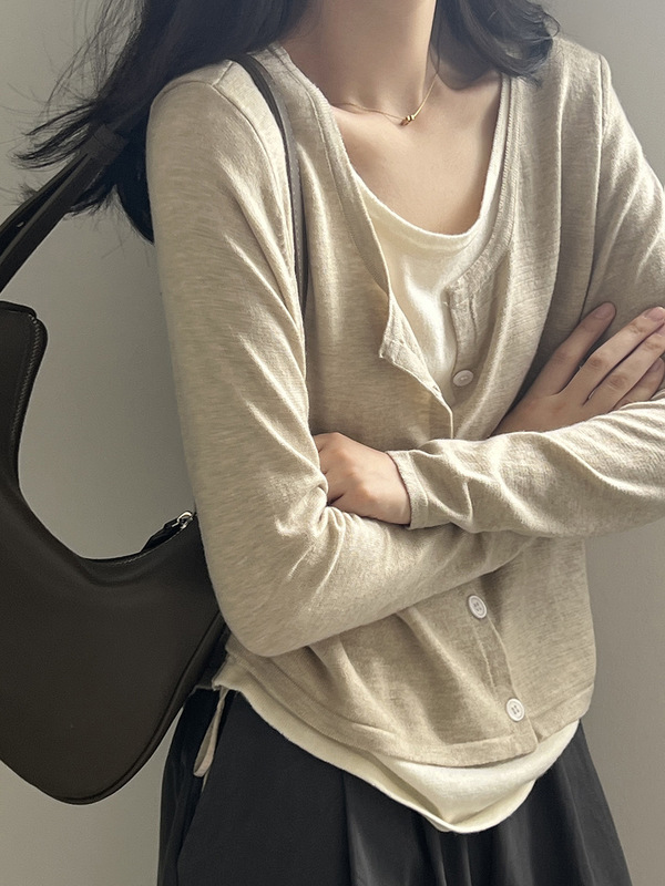 言双 假两件针织开衫女 秋季新款宽松设计感抽绳收腰显瘦上衣P170|undefined