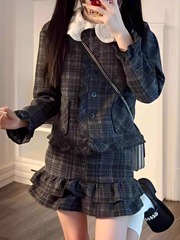 秋冬2025新型高級感気質はフランス式の子供の襟の格子の小さい香りの風のスーツのワンピースの子供を着ます。