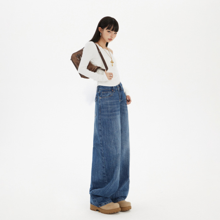 美式复古低腰宽松阔腿裤秋冬百搭ins直筒裤显瘦牛仔裤女新款|undefined
