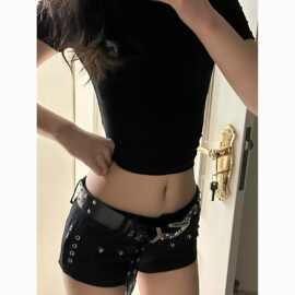 美式辣妹y2k小黑裤铆钉设计感牛仔超短裤女低腰显瘦热裤ins