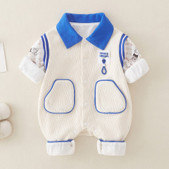 嬰兒春季新款雙層春秋連體衣嬰幼兒藍領新生兒寶寶衣服外出服
