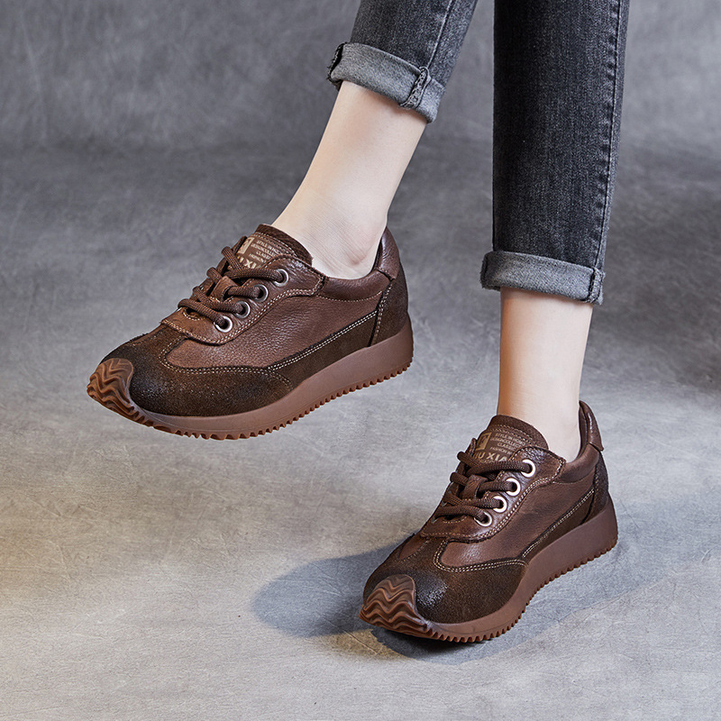 Genuine leather handmade original cowhide argan shoes women's comfortable all-match lace-up retro sneaker round toe casual single shoes