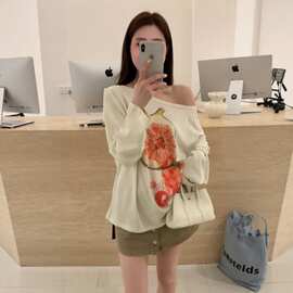 2026夏季新品韩版宽松显瘦拉肩长袖T恤上衣印花时尚减龄防晒女潮