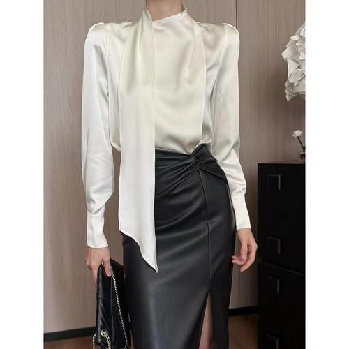 Fashion long-sleeve casual versatile solid color women's autumn and winter high-quality satin shirt in white and black