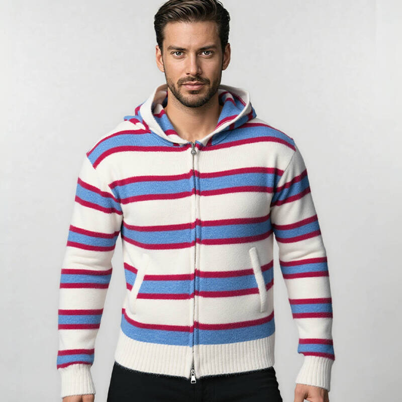 Gestreifter Kapuzenpullover für Herren – Übergroßer Strickpullover (Verdicktes Fleecefutter, überschnittene Schultern, gerippter Saum, maschinenwaschbar, Streetwear-Essential)_voghion.com