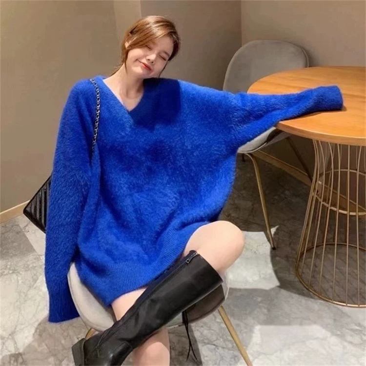 Женский свитер больших размеров с утолщенными длинными волосами из искусственной норки, новая свободная вязаная Базовая рубашка в Корейском стиле для полных девушек, Новинка осени и зимы