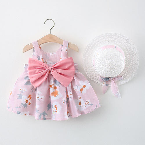 Summer  New Small Chrysanthemum Big Bow Grass Hat Dress for Girls and Baby Girls, Full of Small Chrysanthemum Dress for Girls