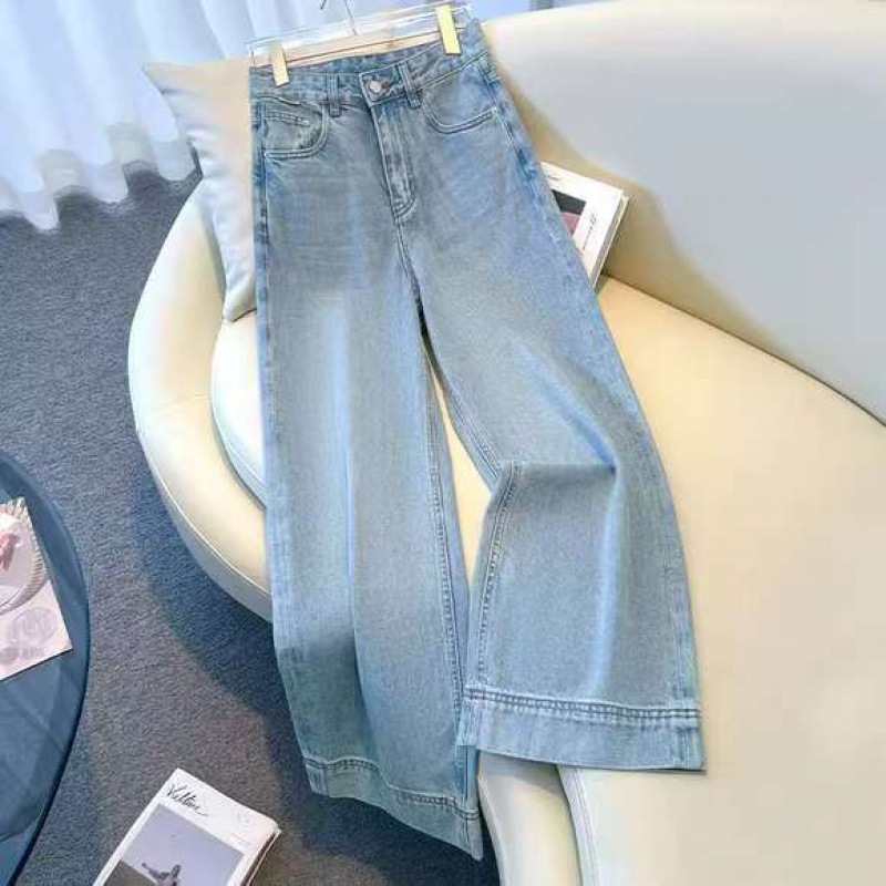 Light Blue Soft Denim Wide-Leg Jeans for Women 2025 Summer Thin New High-Waisted Petite Cropped Straight Pants