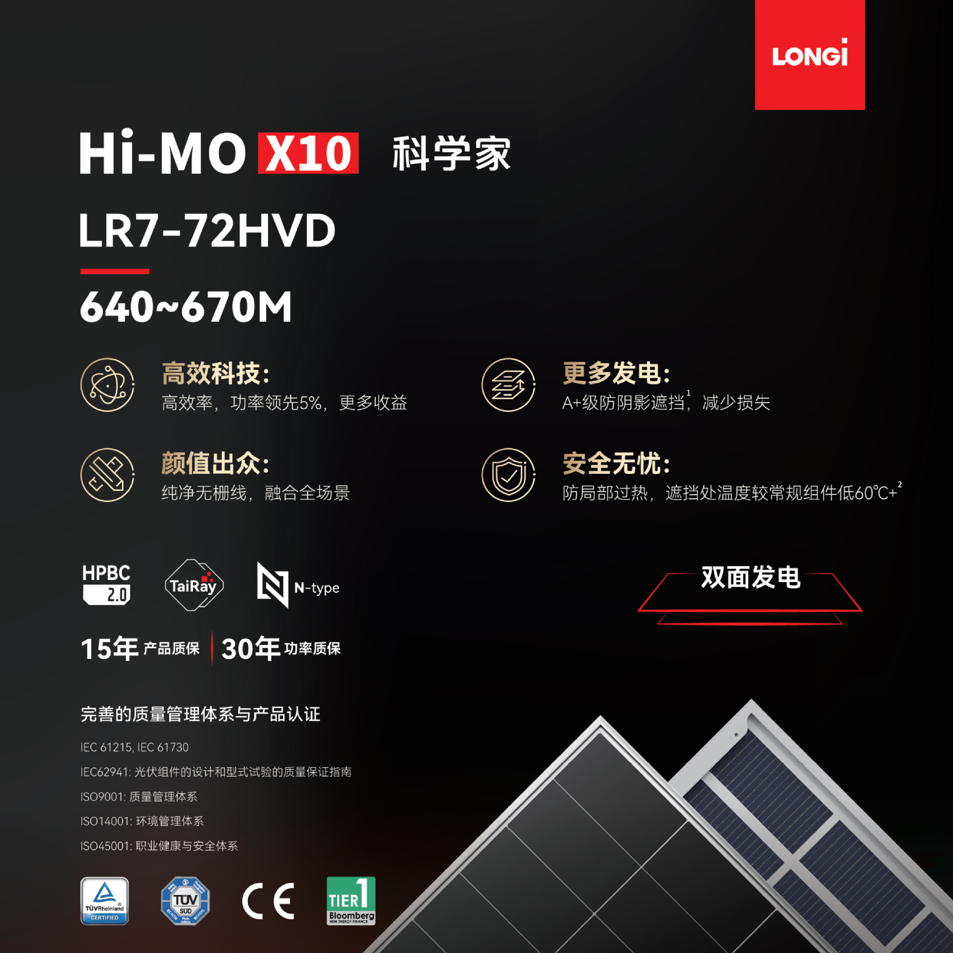 隆基Hi-MO X10科学家正A级双面发电光伏组件  LR7-72HVD 640~670M